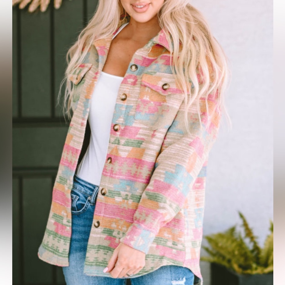 Western Multicolor Aztec Print Button Down Shacket - Picture 5 of 14